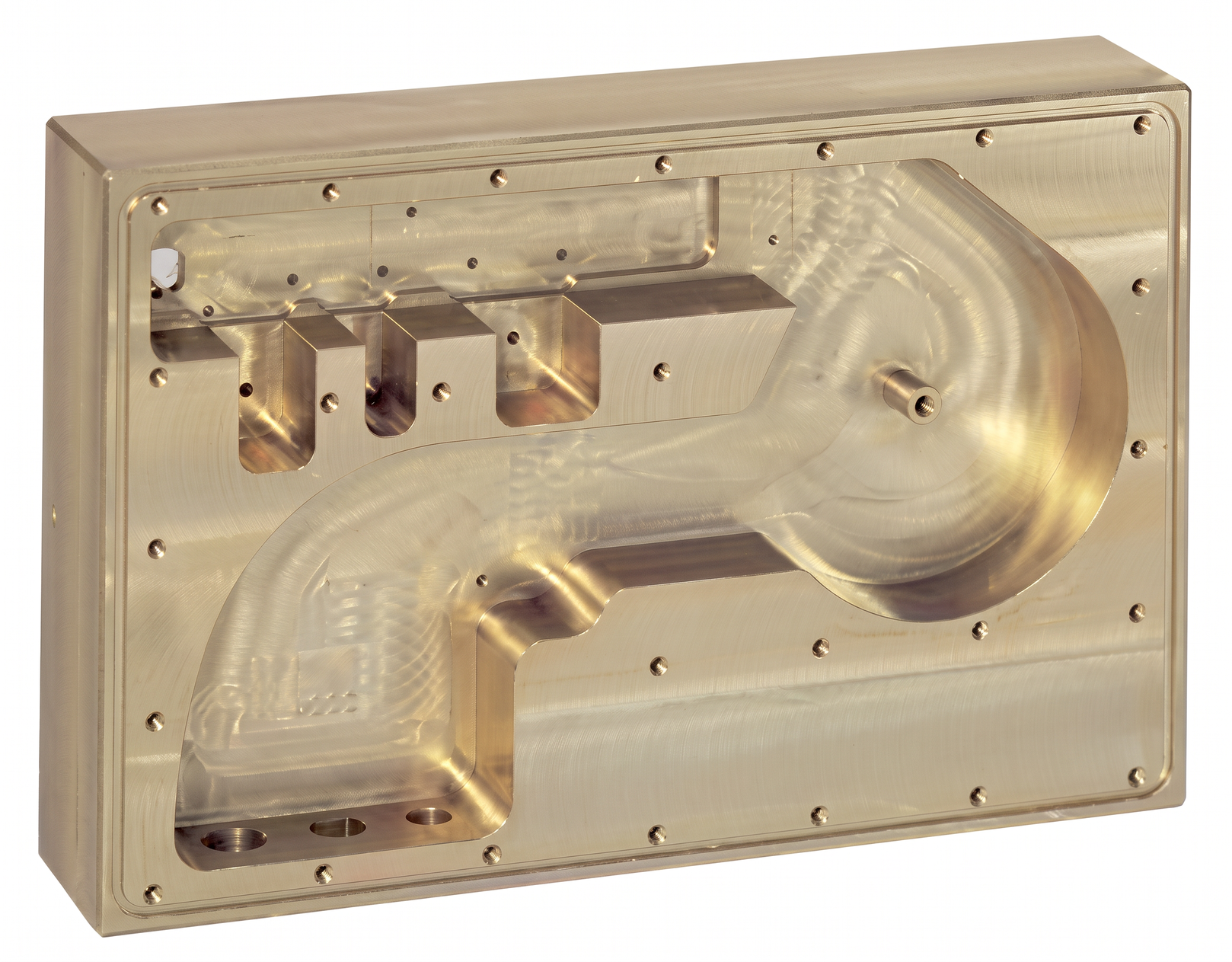Metallgehäuse aus Aluminium mit komplexer innerer Struktur und mehreren Befestigungslöchern