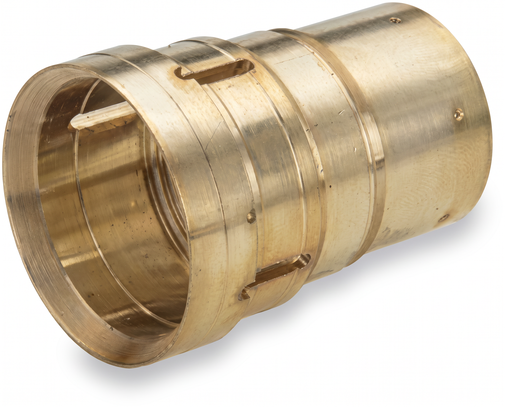 Metallisches Präzisionsdrehteil mit mehreren Rillen und Aussparungen, goldfarbene Oberfläche