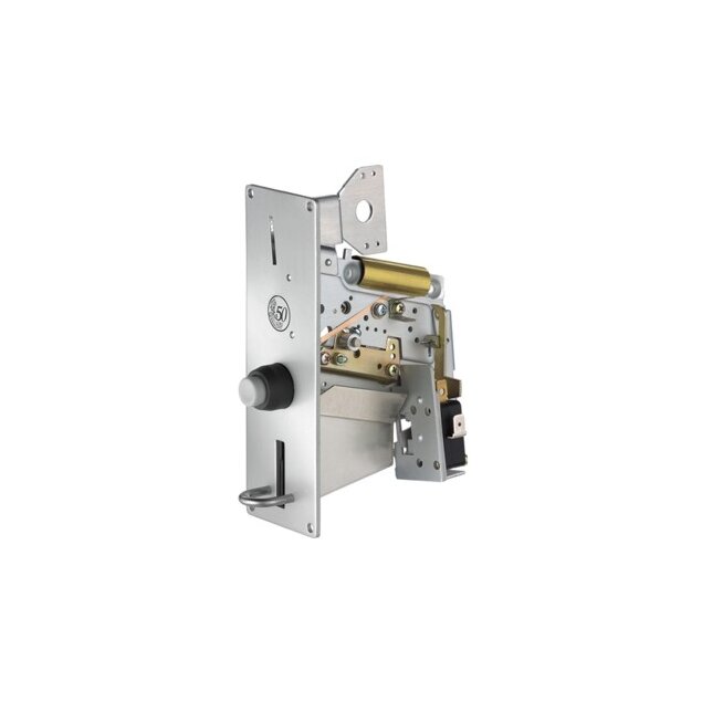 Coin-acceptor unit with anodized aluminium chassis stampings and dull-finished, anodized front plate