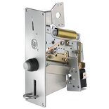 Coin-acceptor unit with anodized aluminium chassis stampings and dull-finished, anodized front plate