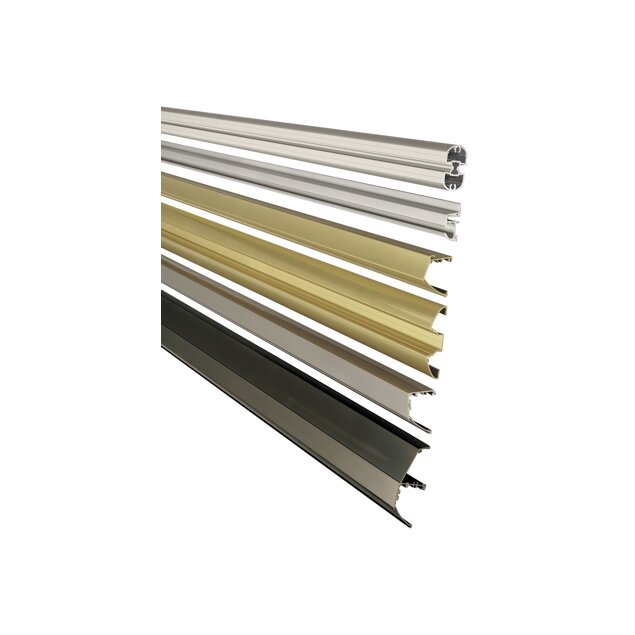 Different aluminium profiles ground, brushed and anodized in the colours natural, gold and light bronze