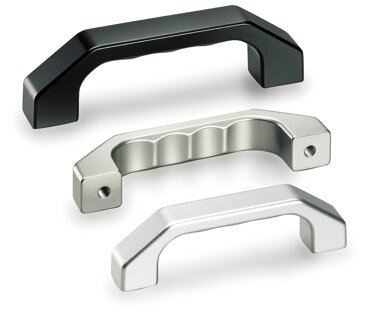 Aluminium handles after vibratory grinding, glass-ball blasting, satin finish and colourless or black anodising