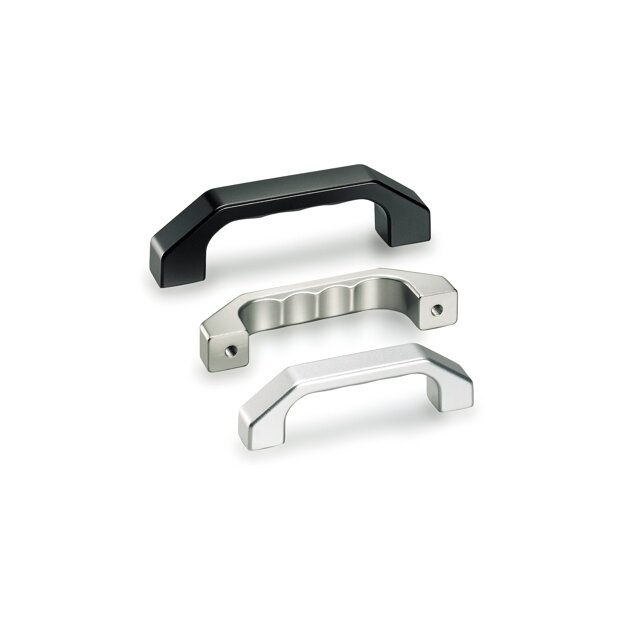 Aluminium handles after vibratory grinding, glass-ball blasting, satin finish and colourless or black anodising