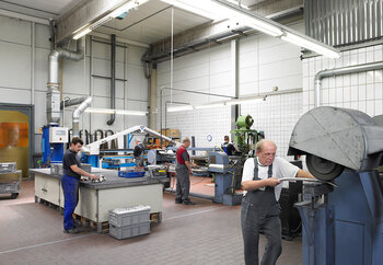 View into the grinding workshop for manually treated items