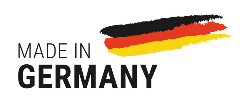 Schriftzug 'MADE IN GERMANY' mit einem Pinselstrich in den Farben Schwarz, Rot und Gelb der deutschen Flagge