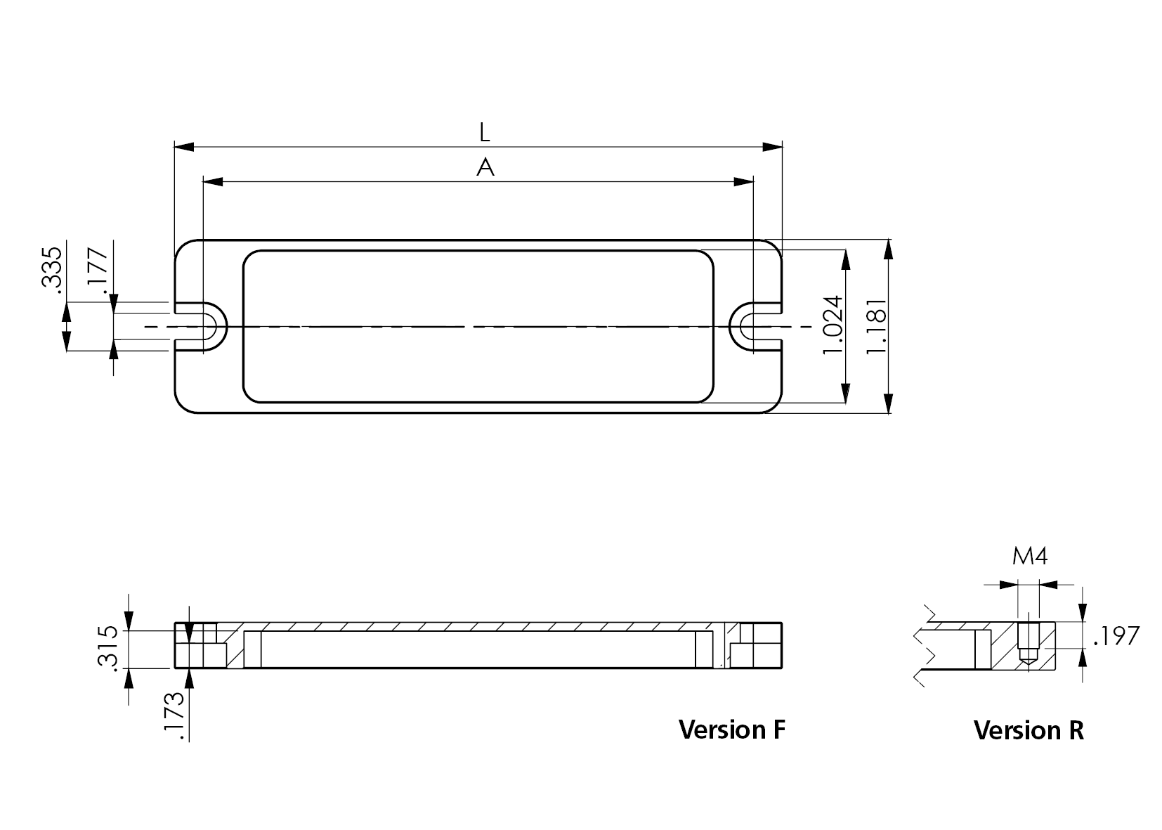 LE1 Indicator Light Technical Drawing in Inches Technical drawing of LE1 indicator light with dimensions in inches, showing top and side views including front and rear mounting versions.