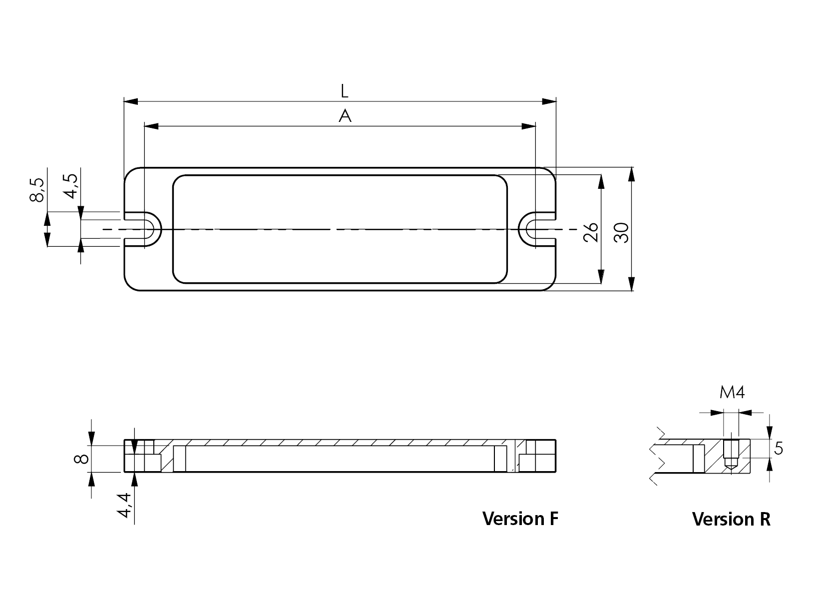 Technical Drawing of LE1 Indicator Light Technical drawing of LE1 indicator light with dimensions and front and rear mounting versions