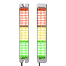 Two rectangular SL2 indicator lights with aluminum housing, each showing three illuminated LED segments in red, yellow, and green, mounted vertically with connection cables at the bottom.