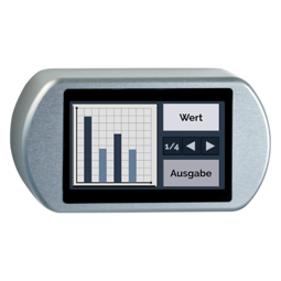 Digital control unit with touch screen showing bar graph and control buttons in an aluminum housing with rounded edges.