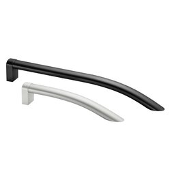 Two aluminium BG type handles, one in black anodized satin finish and the other in natural glass ball blasted aluminium, both curved with rectangular base mounts.