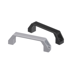 Two aluminium bow-type handles, one black and one silver, with angular design and semi-matte powder-coated finish