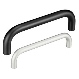 Two aluminium bow-type handles of different sizes in black and silver with rounded tubular profiles on white background