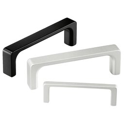 Three aluminum bow-type handles in black and silver with a matte anodized finish isolated on white background