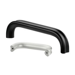 Two aluminium bow-type handles, one black and one silver, shown from an angle on a white background.