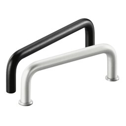 Two aluminium bow-type handles, one black and one silver, with round bar profiles and cylindrical mounting bases, shown on a white background.