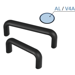 Two black bow-type aluminium handles with soft plastic coating and a detailed inset showing the aluminum or stainless steel core
