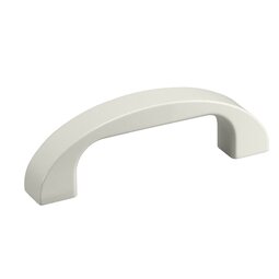 Curved aluminium handle in light grey white powder coating with smooth rounded edges, designed for mounting on a surface.