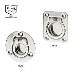 Two collapsible stainless steel handles EE-05 (square with four mounting holes) and EE-06 (round with three mounting holes) with pull-back spring mechanism and high gloss electropolished surface