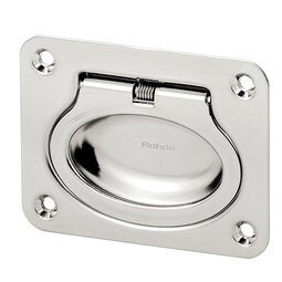 High-gloss electropolished stainless steel collapsible handle with rectangular mounting plate and pull-back spring mechanism.