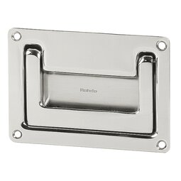 Rectangular collapsible stainless steel handle with four corner screw holes and recessed grip