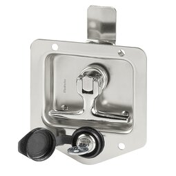 Collapsible stainless steel handle with recessed mounting plate and integrated key lock on white background