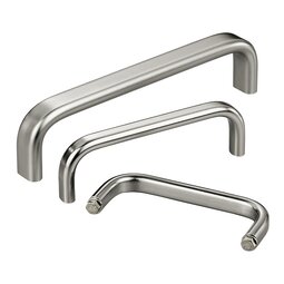 Three stainless steel handles with different surface finishes and sizes arranged side by side on a white background, including one with hexagonal head screws at the ends.