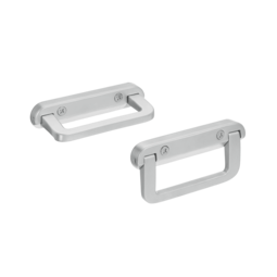 Two stainless steel hinged handles with rectangular shapes mounted on flat plates with screws, shown on a white background.