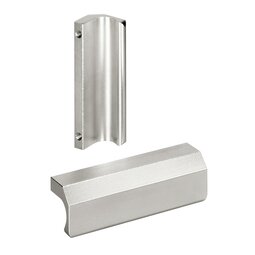 Two profiled stainless steel handles with mounting holes and half-matt surface finish placed on a white background
