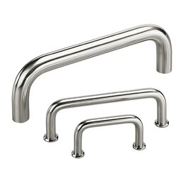 Three polished stainless steel handles of different sizes arranged vertically on a white background
