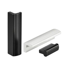 Three aluminum profile handles, two black and one silver, with ribbed grip textures on a white background