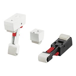 Three Rohde extension legs GZ components showing one in extended white form, one collapsed black form, and a small white foot piece