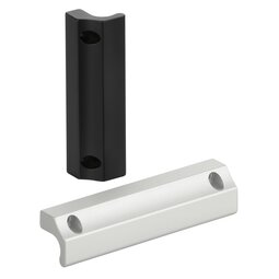 Two rectangular aluminum front panel handles, one black and one natural anodized, each with two mounting holes and a curved ergonomic grip
