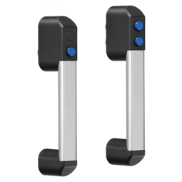 Two FG18-P3 pneumatic handles with black polyamide bodies, silver anodized aluminum connecting ledges, and blue control buttons, shown from front view