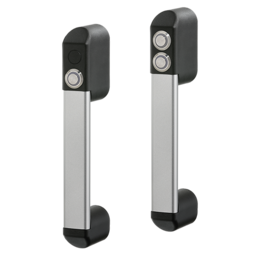 Two industrial functional handles FG18-01 and FG18-02, featuring black polyamide shanks and silver anodized aluminum connecting ledges. FG18-01 has one push button with green light; FG18-02 has two push buttons with green and red lights respectively.