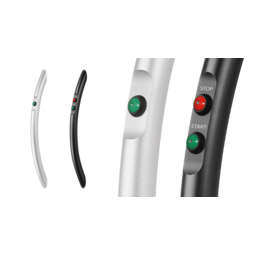 Curved aluminum function handles with green and red push buttons, one silver with one green button, one black with red and green buttons labeled STOP and START respectively