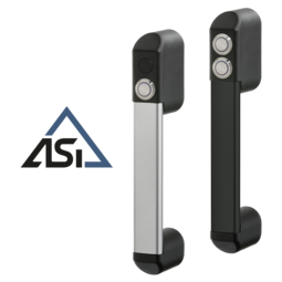 Two industrial handles with push buttons and LED rings, one with a silver shank and one with a black shank, shown alongside the ASi logo.