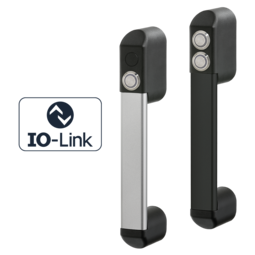 Two FG24 functional handles for automation, one with single push button and aluminum shaft, the other with two push buttons and black shaft, with IO-Link logo on the left