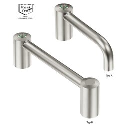 Two stainless steel functional handles labeled Type A with a curved ledge and Type B with a straight ledge, both with cylindrical mounting bases and push buttons on top.