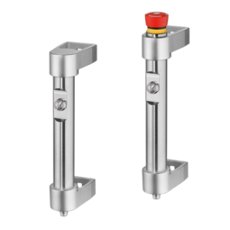 Two stainless steel functional handles FG16-01 and FG16-04 on a white background, one with a red emergency stop button and the other with a regular push-button