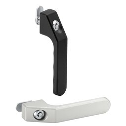 Two FG9 handle levers for fastening, one black and one natural aluminum in color, each with a locking mechanism and cylindrical anti-twist pin