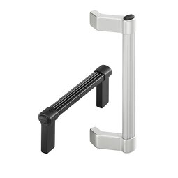 Two aluminium handles for 19 inch front panels; one black with straight shank and ridges, one silver with tangent bent shank and ridges.