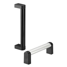 Two modern handles; one vertical black handle and one horizontal silver aluminium handle with black ends.