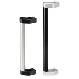 Two tangent bent pipe handles with oval tubes: one with a silver shank and black ends, the other with a black shank and silver ends, displayed vertically on a white background.
