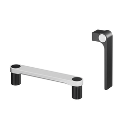 Two aluminum handles, one horizontal in natural silver with black shanks, and one vertical in black anodized with a silver circular accent
