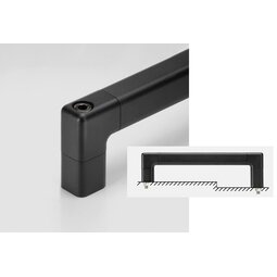 Close-up of black aluminium handle grip with chill cast aluminium shank and hexagon socket screw with inset diagram showing side view mounting with variable shank heights