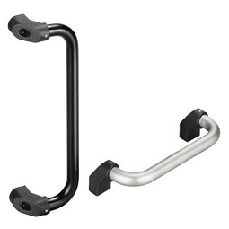 Two offset machine handles, one black and one silver, with black mounting ends and screw holes for front sided screw attachment.