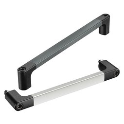 Two machine handles with black powder-coated diecast aluminum end caps connected by straight aluminum profile grips in grey powder-coated and natural anodized finishes.