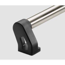 Close-up of an angled black polyamide handle shank attached to a smooth anodized aluminium tube on a light background