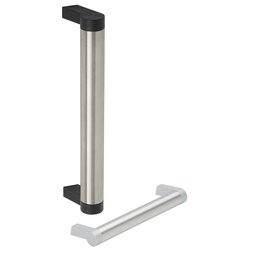 Two modern industrial handles, one vertical with a black base and one horizontal with a silver base, both featuring sleek metal tubes and polyamide holders.