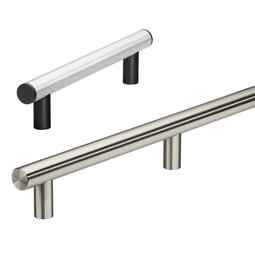 Two tubular handles, one made of anodized aluminium with black holders and end caps, and one made of stainless steel with cylindrical supports